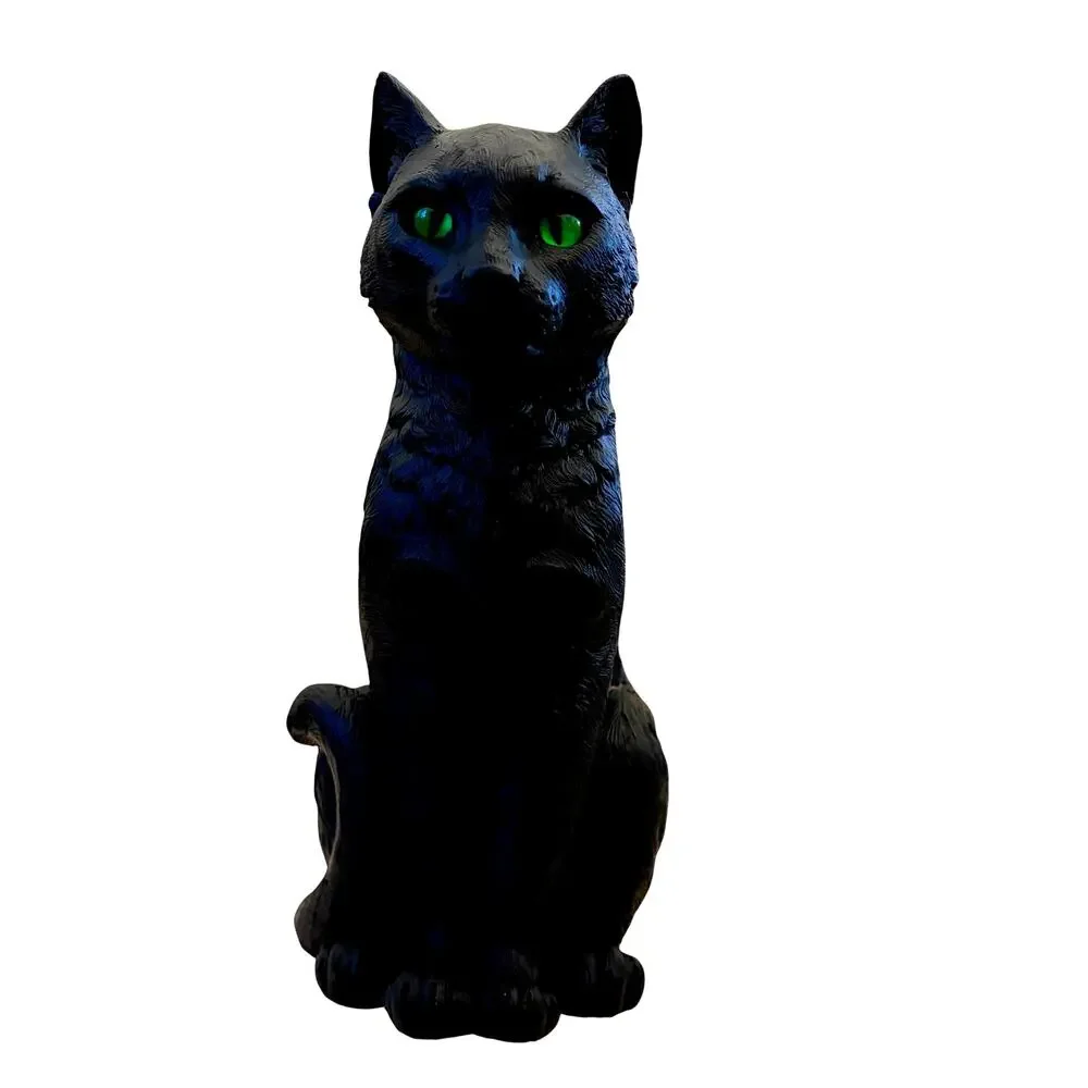 Gothic Black Cat Figurine w/ Piercing Green Eyes 13in Spooky Halloween Decor NEW
